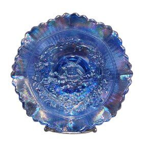 Vintage Carnival Glass Electric Blue Windmill Scalloped Bowl